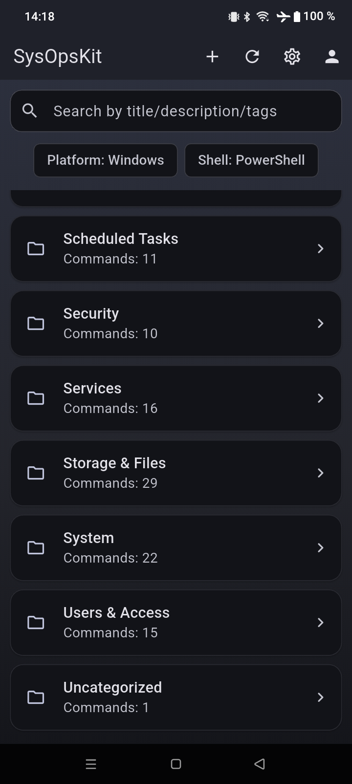 SysOpsKit command catalog on Android