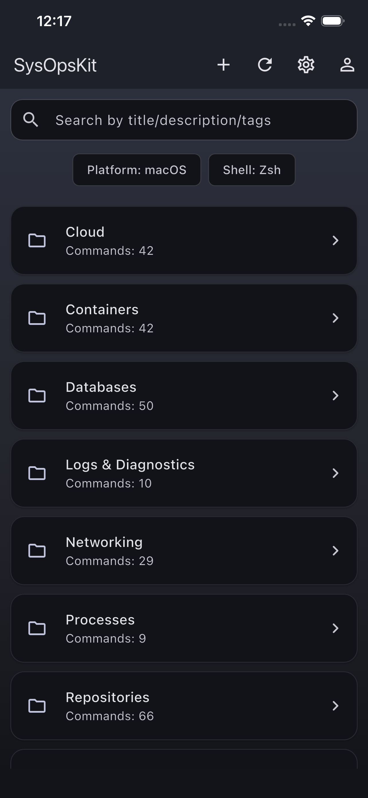 SysOpsKit command catalog on iPhone